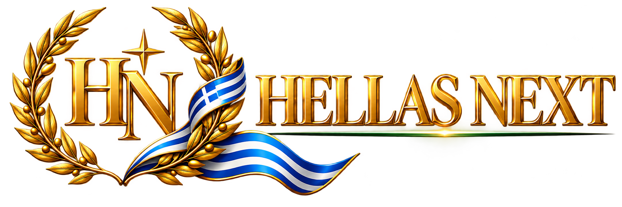 HELLAS NEXT — złoty emblemat HN z grecką flagą