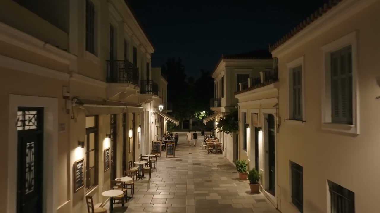 Nocna uliczka inspirowana Atenami — kadr koncepcyjny AI